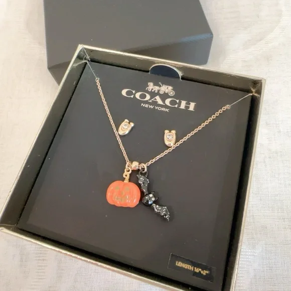 NWB COACH Halloween Jack-o’-lanter Pumpkin & Bat Earrings & Necklace Set CZ006 - Picture 5 of 5